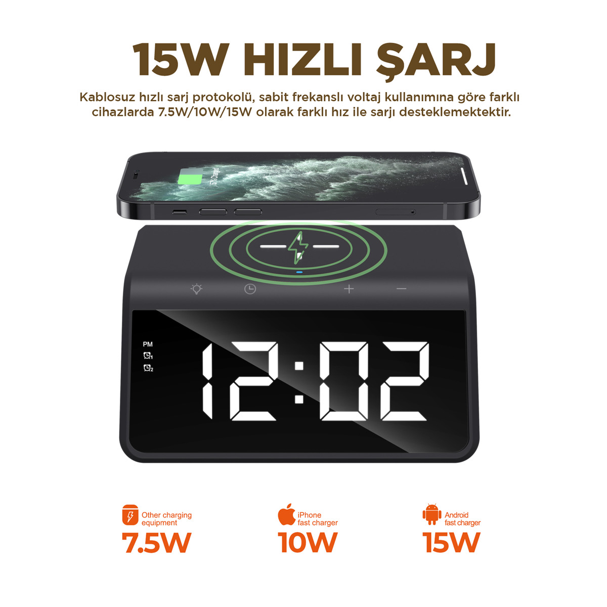 HAVİT W320 Hızlı Kablosuz Şarj, Saat ve Gece Lambası (Fast 15W) - Görsel 3