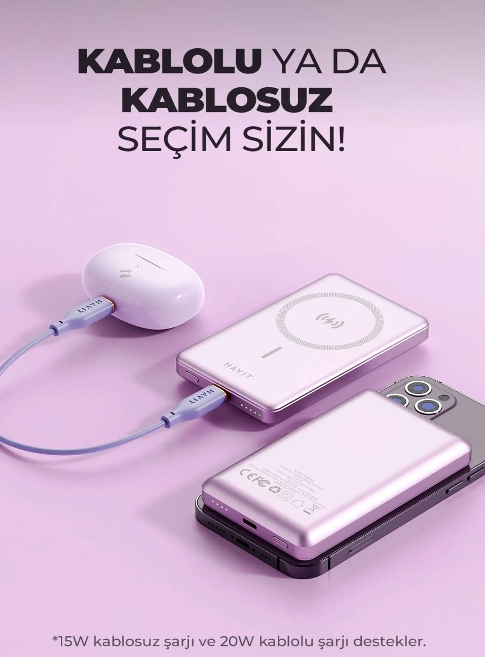 HAVİT 10000mAh Magsafe Manyetik Kablosuz Powerbank Ultra ince 20W, Iphone uyumlu