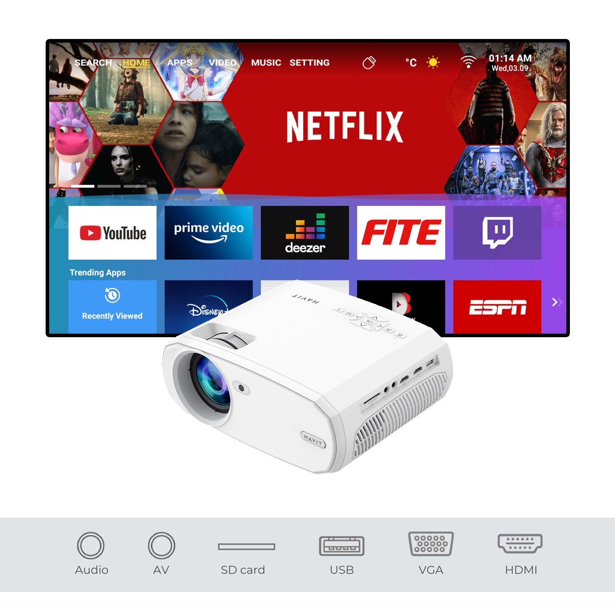 HAVİT Pj202 Full Hd 1080p Taşınabilir Projeksiyon Cihazı-Wifi,220 Ansi,Bluetooth,Screen Mirror