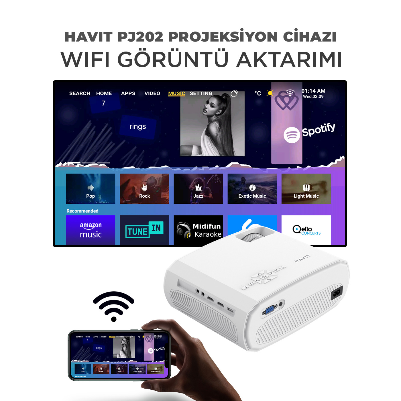 HAVİT Pj202 Full Hd 1080p Taşınabilir Projeksiyon Cihazı-Wifi,220 Ansi,Bluetooth,Screen Mirror - Görsel 6