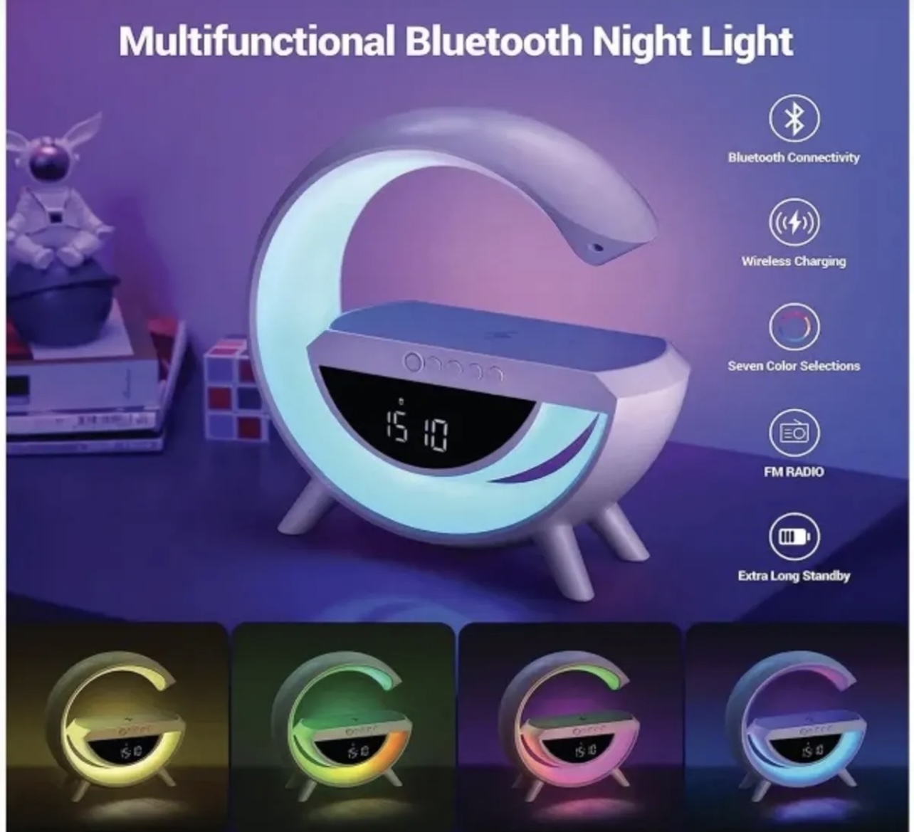G Bluetooth Hoparlör Sd Kart Usb Fm Radyo 5w Kablosuz Şarj Gece Lambası Ambians Led Işık - Görsel 2