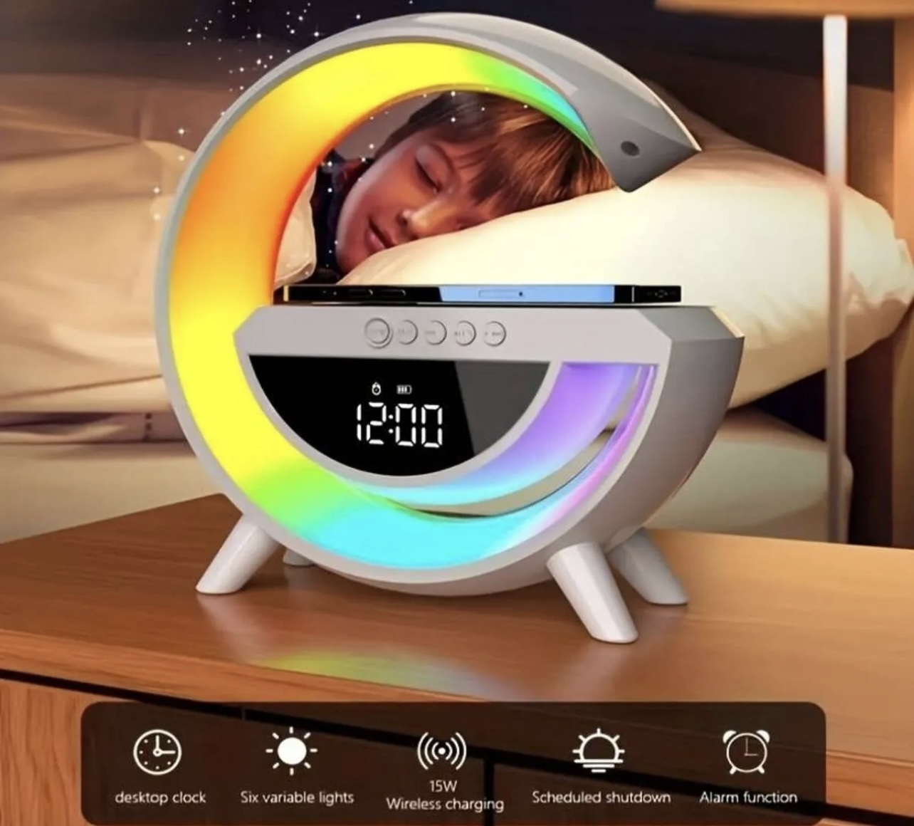 G Bluetooth Hoparlör Sd Kart Usb Fm Radyo 5w Kablosuz Şarj Gece Lambası Ambians Led Işık - Görsel 8