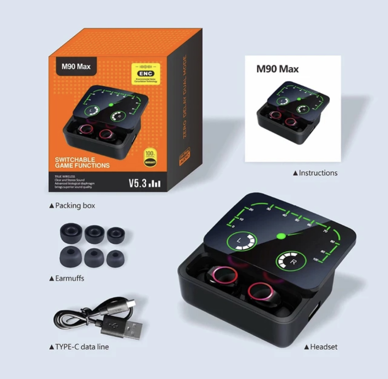 M90 Max Bluetooth Kulaklık Powerbankli Hız Göstergeli Mikrofonlu Kulak içi Oyuncu Rgb Stereo V5.3 - Görsel 5