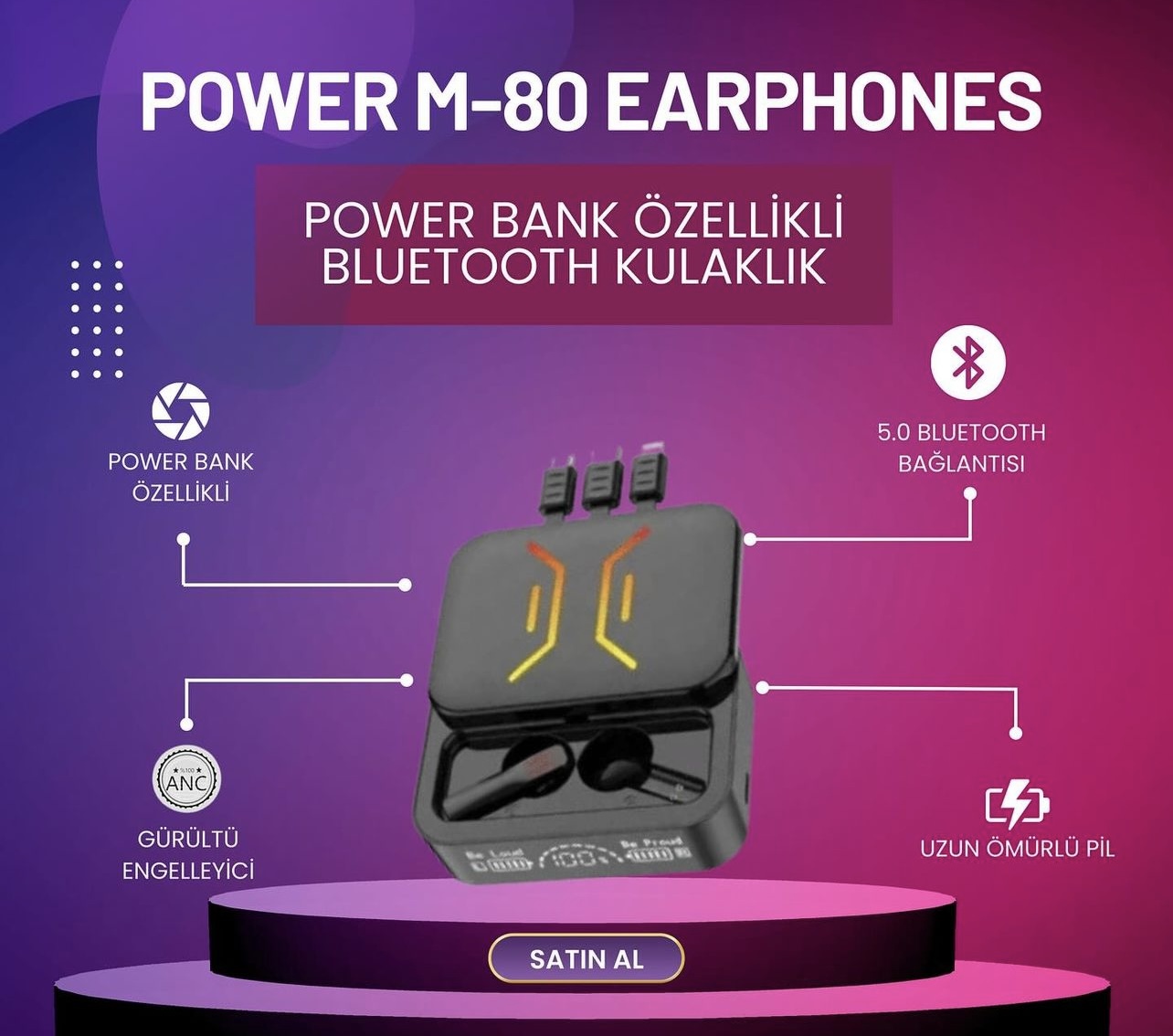 M80 LED Göstergeli Kablosuz Stereo Kulaklık - Görsel 6