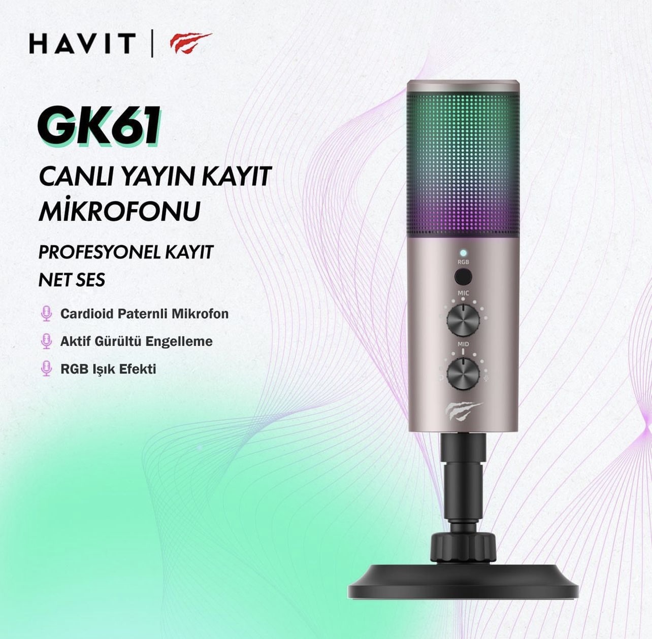 Havit GK61 RGB Gaming Profesyonel Oyuncu Yayınçı Kayıt Mikrofonu