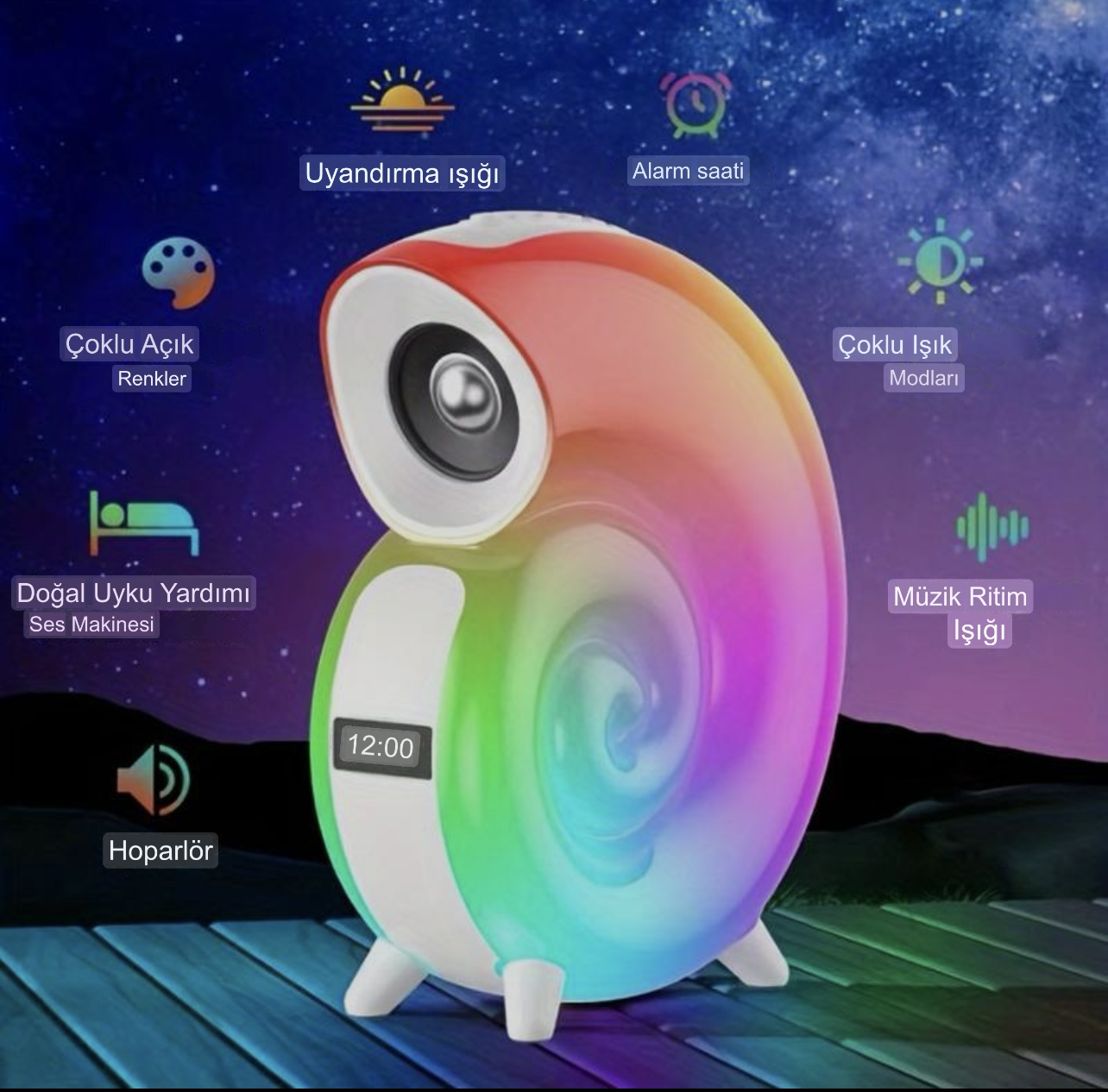 Kablosuz Hoparlörlü Renkli LED Işıklı Elektronik Saatli Müzik Lambası - Görsel 6
