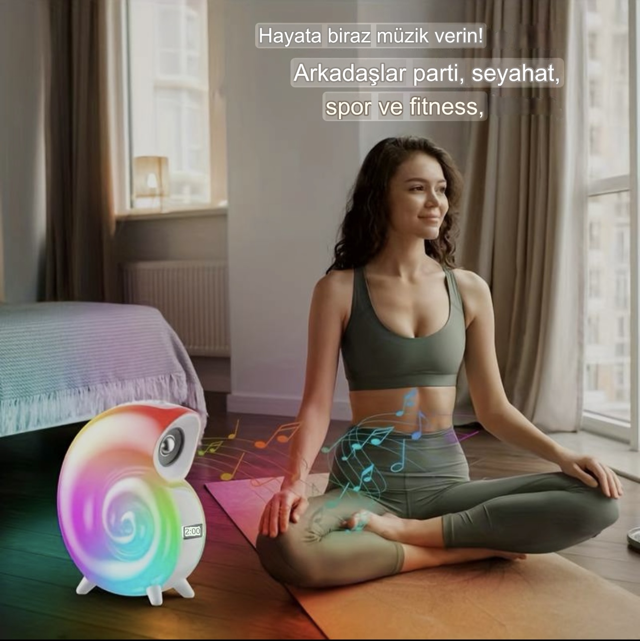 Kablosuz Hoparlörlü Renkli LED Işıklı Elektronik Saatli Müzik Lambası - Görsel 3