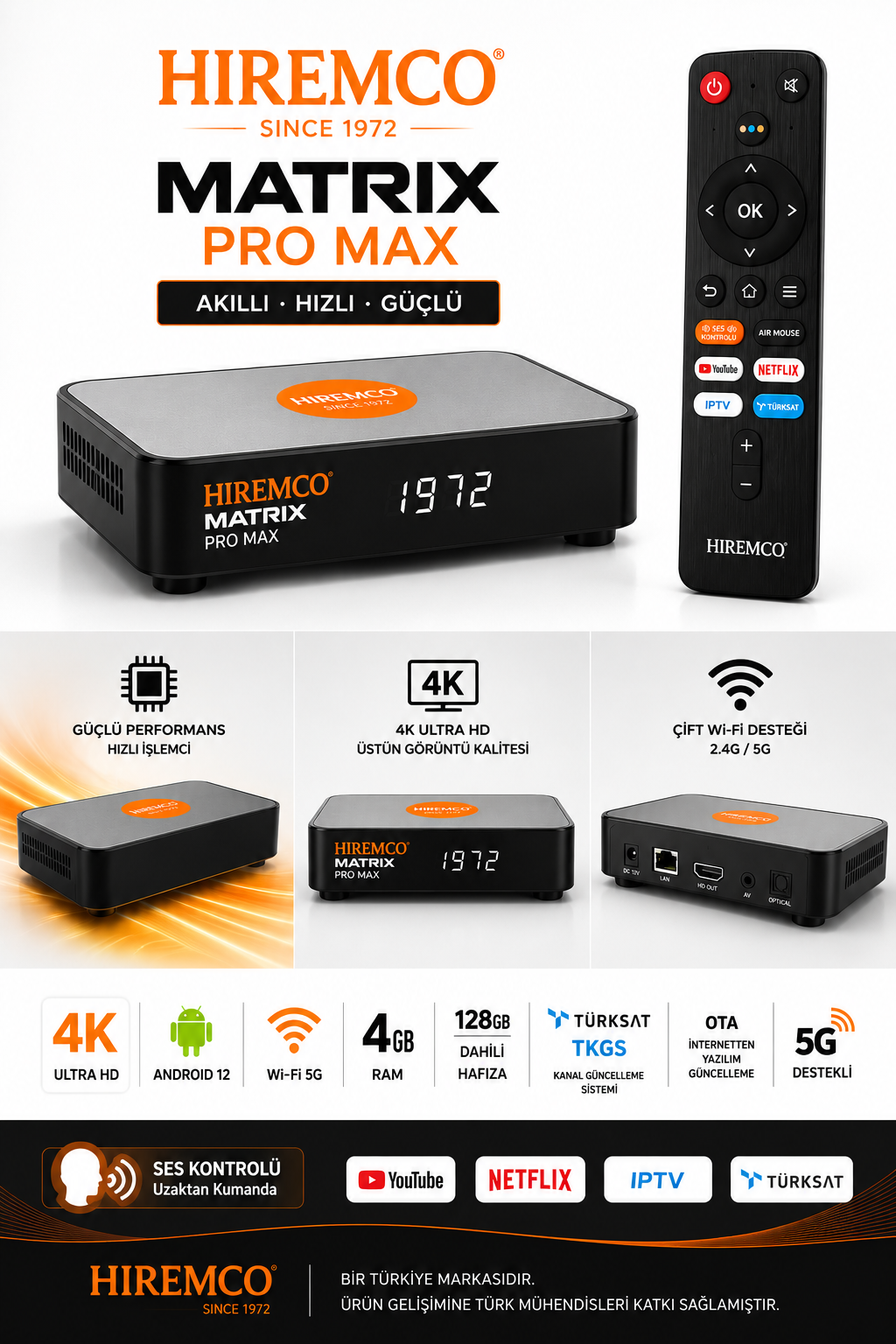 Hiremco Matrix Pro Max 4K 128GB Android 12 Uydu Alıcısı