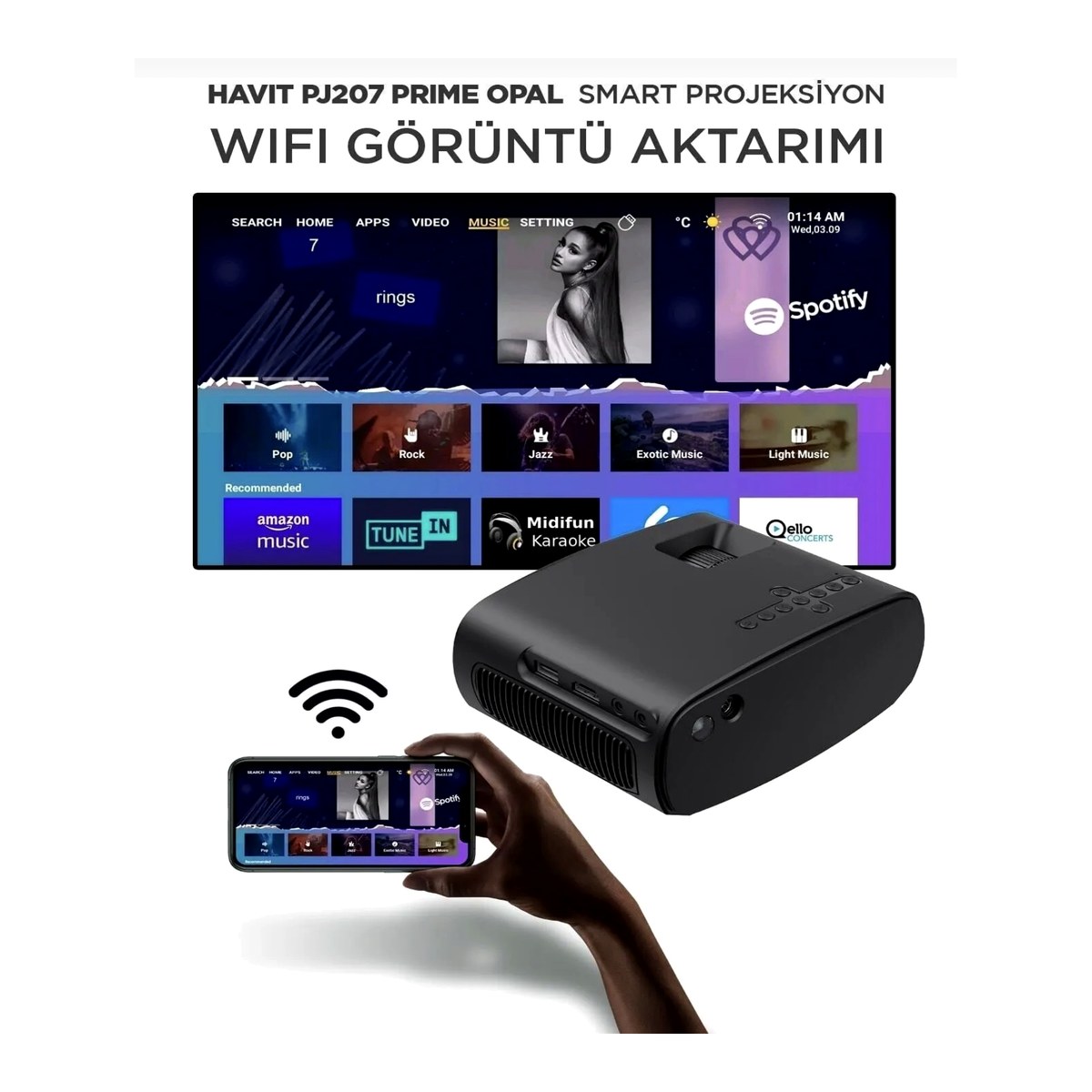HAVİT Pj207 Prime Opal Taşınabilir HD Projeksiyon Cihazı 1080p Desteği, Wi-fi,Bluetooth,Ekran Yansıtma