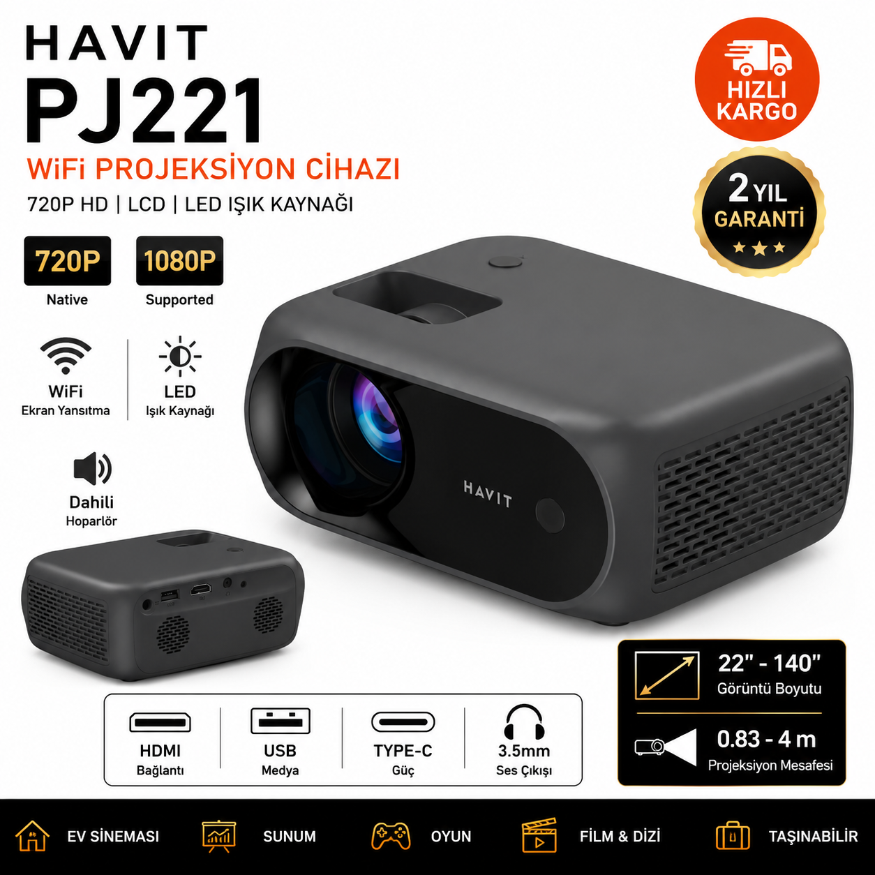 Havit PJ221 WiFi Projeksiyon Cihazı 720P HD Taşınabilir Ev Sineması