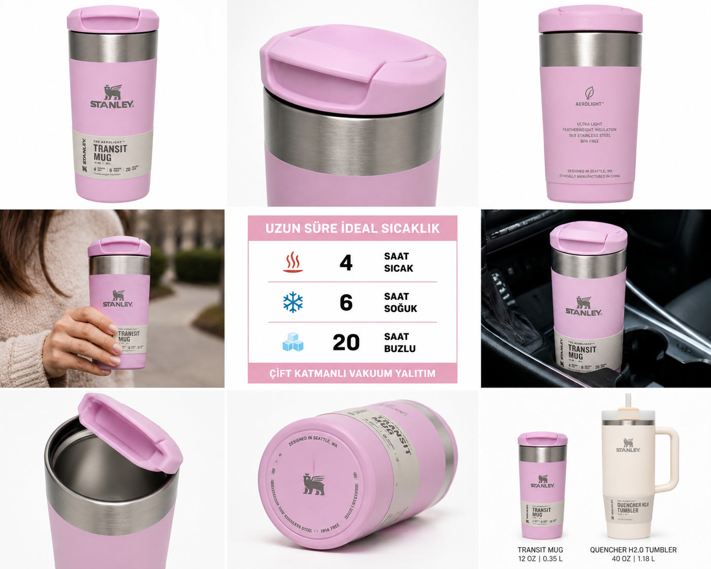 Stanley AeroLight Transit Mug 0.35L Pembe Hafif Termos Bardak - Görsel 2