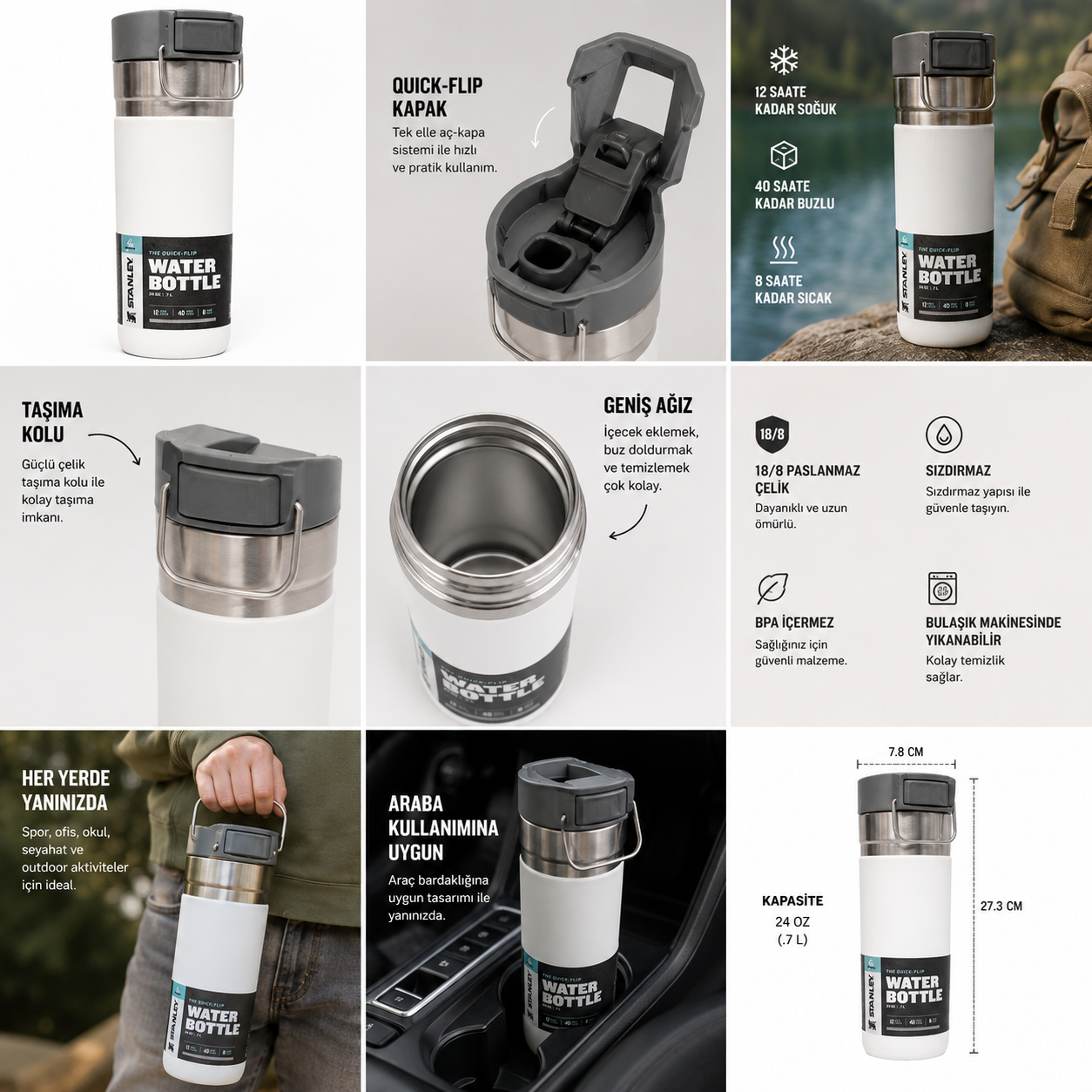 Stanley The Quick Flip Water Bottle 0.70L Termos Matara Beyaz | Paslanmaz Çelik Vakumlu - Görsel 4