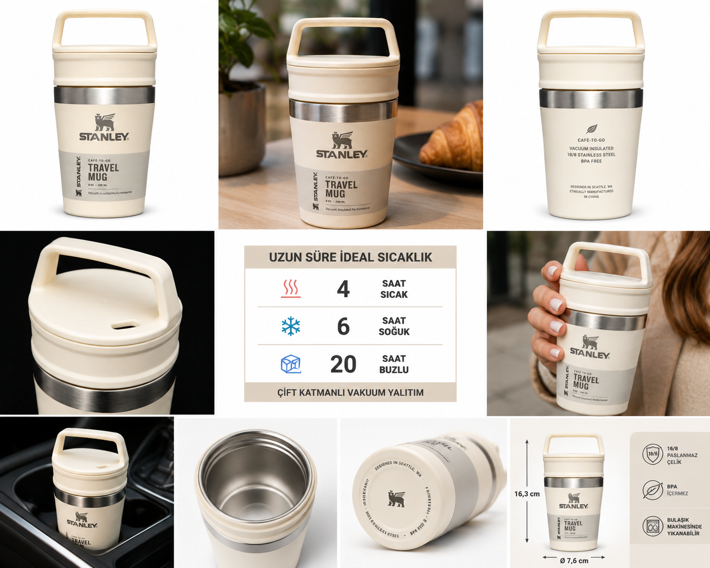 Stanley Café-To-Go Travel Mug 230 ml Termos Bardak Krem | Paslanmaz Çelik Vakumlu - Görsel 2