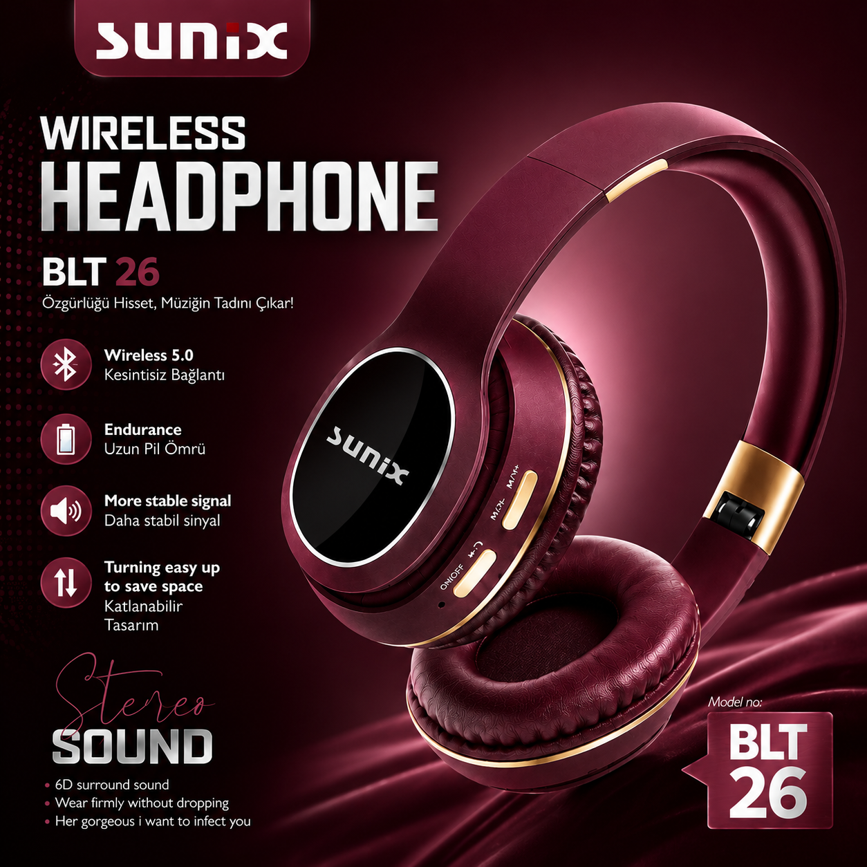 Sunix BLT26 Bluetooth 5.0 Kablosuz Kulaklık - Görsel 4