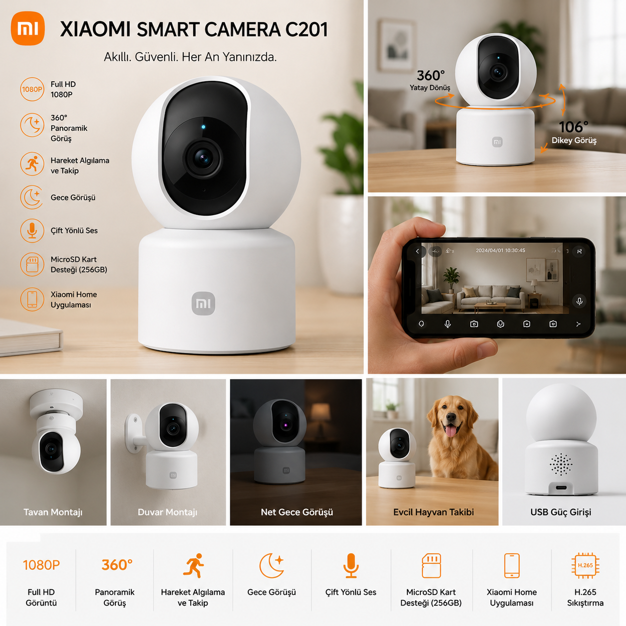 Xiaomi Smart Camera C201 Full HD 1080P Akıllı Güvenlik Kamerası 360° WiFi - Görsel 2