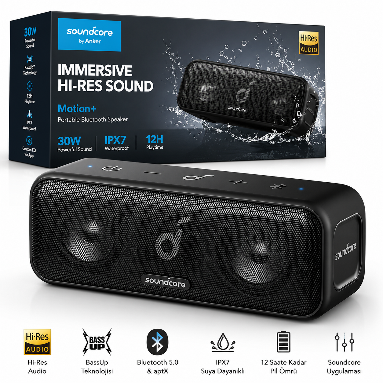 Anker Soundcore Motion+ 30W Kablosuz Hi-Fi Bluetooth Hoparlör IPX7 Siyah